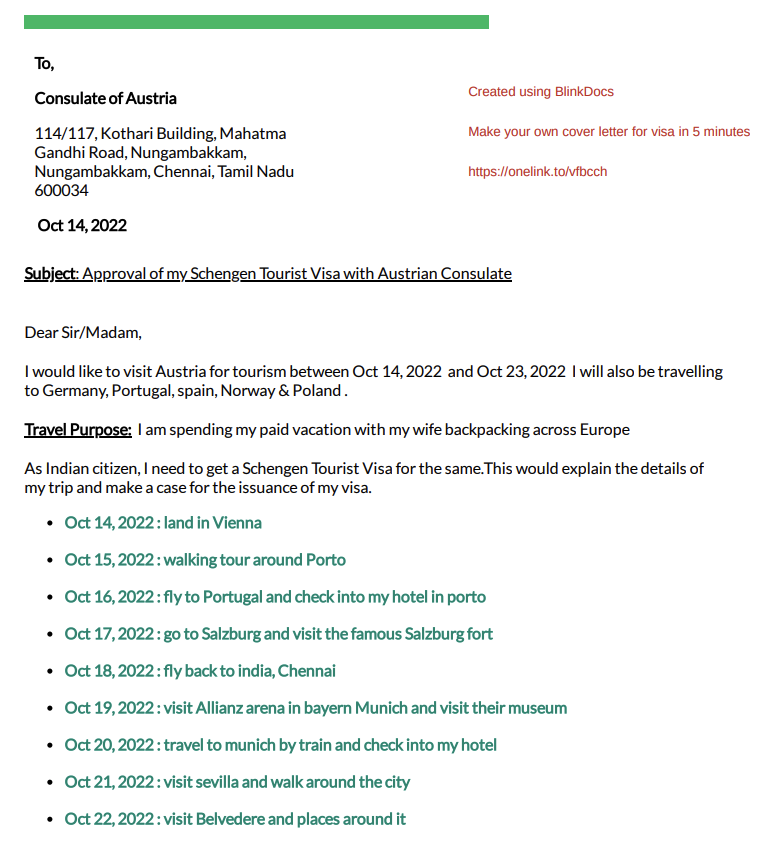 Cover letter for Visa Application